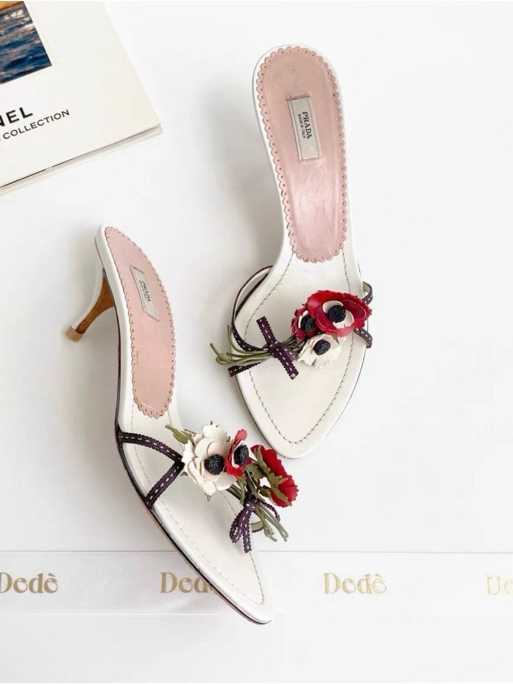 Prada White Leather Floral Appliqué Mules with Red & Cream Flowers